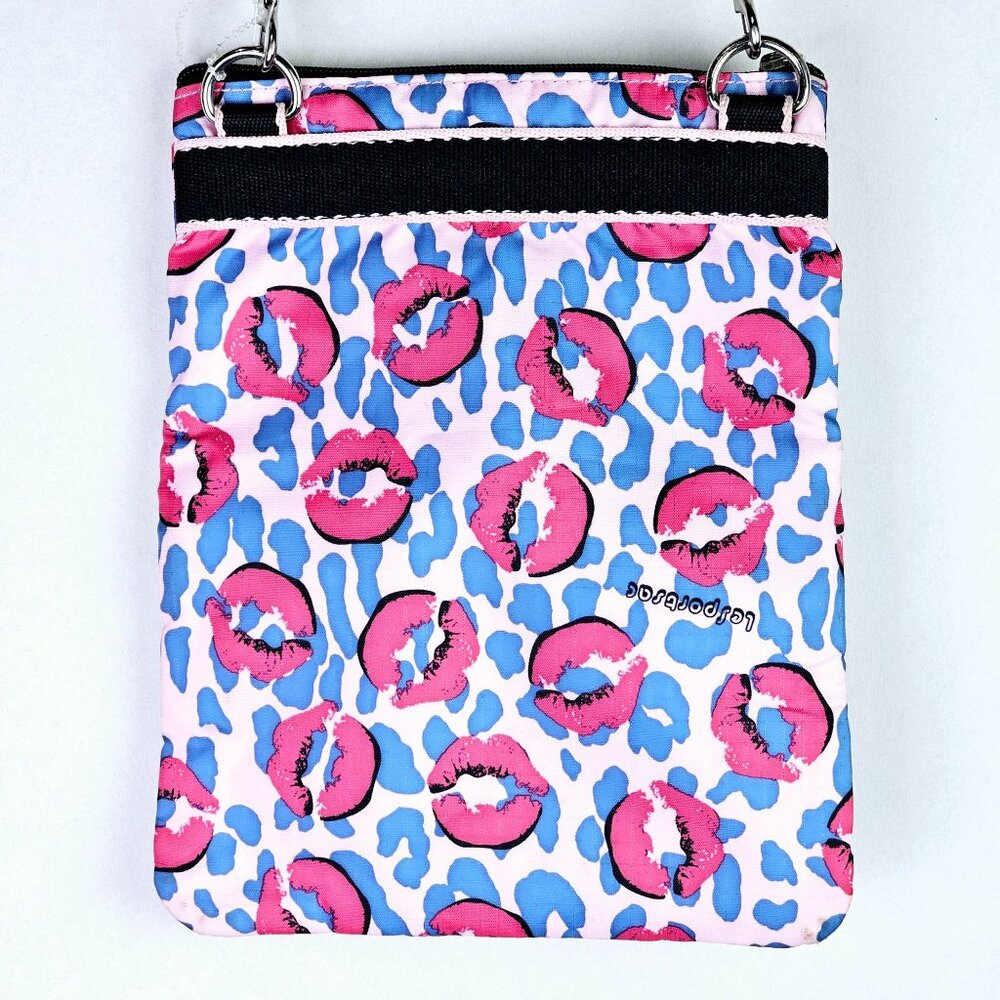 LeSportSac Pink Lip Smacker & Blue Cheetah 3 Tier Zippered Crossbody Handbag - Picture 8 of 9